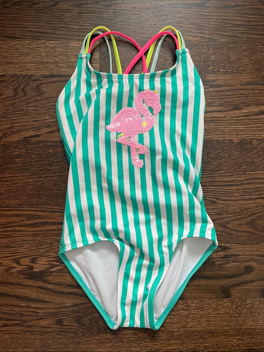 Cat & Jack Kids Girls Green Stripe Sequin Flamingo One-Piece Swimsuit